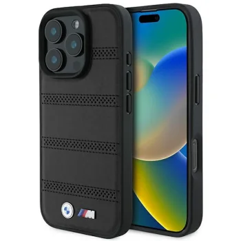 BMW dėklas iPhone 16 Pro telefonui M Perforated And Stitched Line MagSafe, juodas