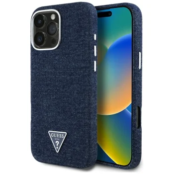 Guess Denim Triangle Logo MagSafe Case for iPhone 16 Pro, Blue