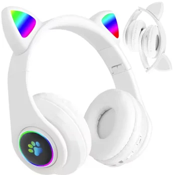 Belaidės Bluetooth ausinės su katės ausimis, LED, FM radiju, Micro SD, baltos