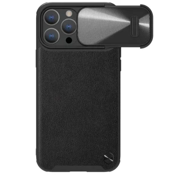 Nillkin CamShield Leather S dėklas iPhone 14 Pro Max su kameros dangteliu, juodas