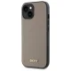 DKNY Grained Metal Logo MagSafe dėklas telefonui iPhone 15, smėlio spalvos