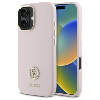 Guess Silicone Logo Strass 4G dėklas, skirtas iPhone 16, šviesiai rožinis