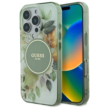 Guess IML Flower & Tonal Circle MagSafe dėklas iPhone 16 Pro, žalias