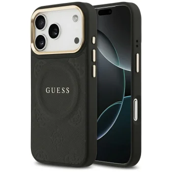Guess dėklas iPhone 17 Pro telefonui PU Peony Hot Stamp MagSafe, juodas