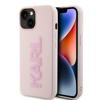 Karl Lagerfeld dėklas iPhone 15 Plus / 14 Plus 3D Rubber Glitter Logo, rožinis