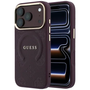 Guess Saffiano Peony & Ring MagSafe dėklas telefonui iPhone 17 Pro / 18 Pro, bordo