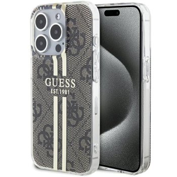 Guess dėklas iPhone 15 Pro telefonui IML 4G Gold Stripe, rudas