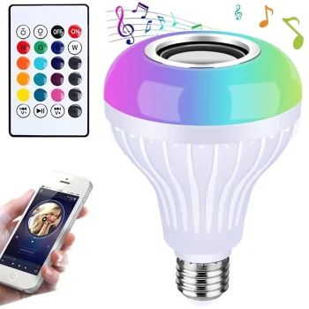 LED RGB lemputė E27 su Bluetooth garsiakalbiu ir nuotolinio valdymo pultu