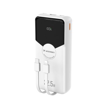 Wozinsky WFC-15W 20000mAh 22.5W išorinė baterija su integruotais laidais, balta