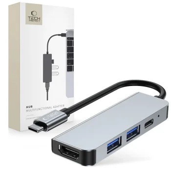 Tech-Protect V2 4in1 USB-C Hub šakotuvas (USB-A / USB-C / HDMI), pilkas