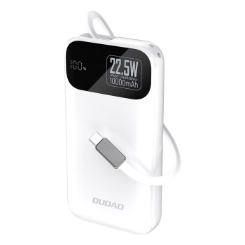 Dudao K31 10000 mAh 22.5W išorinė baterija su integruotu laidu, balta