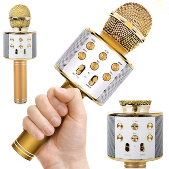 Belaidis karaoke mikrofonas su Bluetooth garsiakalbiu, auksinis