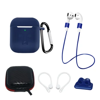 Accessory Set for AirPods 2 / AirPods 1 with Silicone Case, Strap, Hooks and Carabiner - Blue