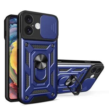Hybrid Armor Camshield Case for iPhone 16 Plus with Camera Cover and Ring Stand, Blue