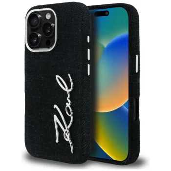 Karl Lagerfeld Signature Denim dėklas, skirtas iPhone 16 Pro Max, juodas