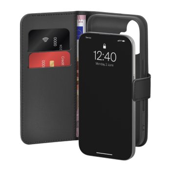 Puro Wallet Stand atverčiamas dėklas iPhone 17 telefonui, juodas
