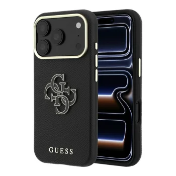 Guess Grained & Big Resin Logo dėklas iPhone 18 Pro Max / 17 Pro Max, juodas