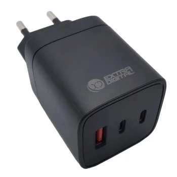 „Extra Digital“ 65W GaN įkroviklis, 2x USB-C ir USB-A (Juodas)