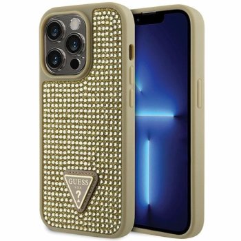 Guess Rhinestone Triangle dėklas iPhone 14 Pro telefonui, auksinis