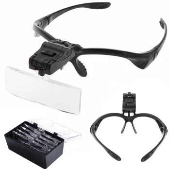Headband Magnifier Glasses with 2 LED Lights and 5 Lenses, Black