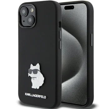 Karl Lagerfeld dėklas iPhone 15 Plus telefonui Silicone Metal Pin, juodas