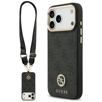 Guess 4G Strass Logo MagSafe dėklas su dirželiu iPhone 17 Pro Max, juodas