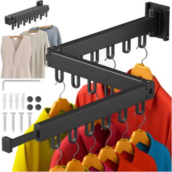 Ruhhy 26342 Wall-Mounted Folding Clothes Drying Rack and Hanger, Black