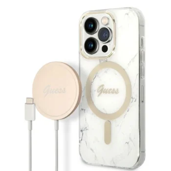 Guess Marble MagSafe dėklo ir įkroviklio rinkinys iPhone 14 Pro, baltas