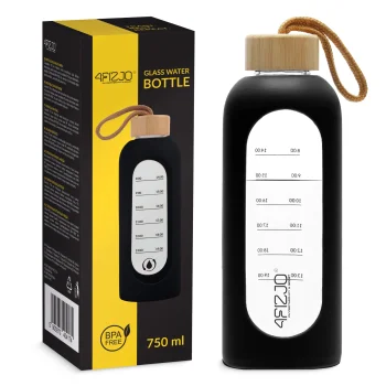 4Fizjo Glass Sports Water Bottle, 750 ml, Black