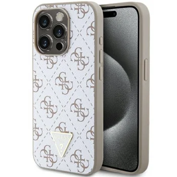 Guess 4G Triangle Metal Logo dėklas iPhone 15 Pro telefonui, baltas