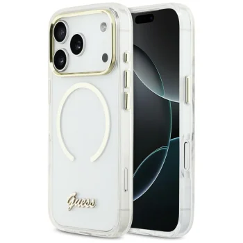 „Guess IML Script Metal MagSafe“ dėklas „iPhone 17 Pro Max“, skaidrus