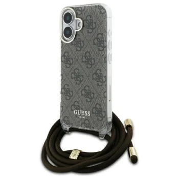 Guess dėklas iPhone 16 telefonui Crossbody Cord 4G Print, rudas