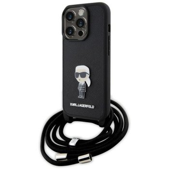 Karl Lagerfeld iPhone 15 Pro Case Saffiano Ikonik Monogram Crossbody, Black