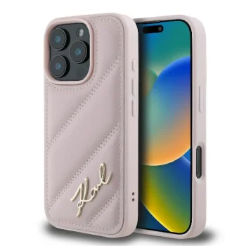 Karl Lagerfeld dėklas iPhone 16 Pro telefonui Diagonal Quilted Script, rožinis
