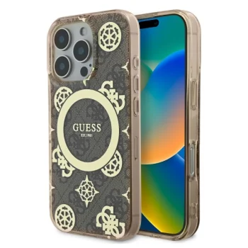 Guess dėklas iPhone 16 Pro telefonui IML Peony On 4G Background MagSafe, rudas