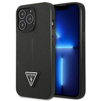 Guess Saffiano Triangle Logo dėklas iPhone 14 Pro Max, juodas
