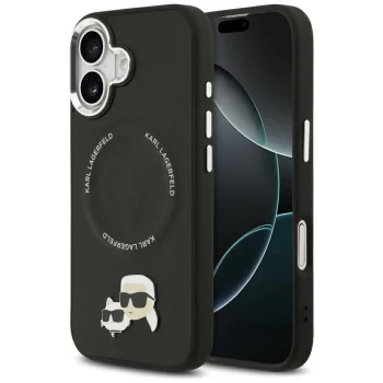 Karl Lagerfeld dėklas iPhone 17 su MagSafe Karl & Choupette Pins, juodas