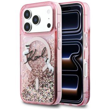 Karl Lagerfeld Liquid Glitter Karl Script dėklas iPhone 17 Pro Max su MagSafe, rožinis