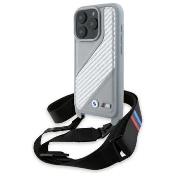 BMW iPhone 16 Pro dėklas M Edition Carbon Stripe & Strap, pilkas