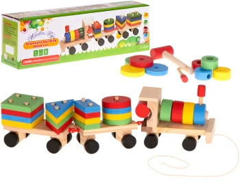 Medinis žaislinis traukinukas-rūšiuoklis su kaladėlėmis, 30 cm