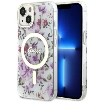 Guess dėklas iPhone 14 Plus telefonui Flower MagSafe, skaidrus