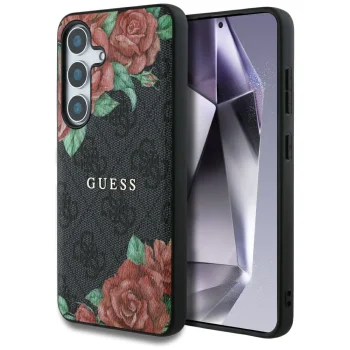 Guess Leather 4G Flowers MagSafe dėklas Samsung Galaxy S25, juodas