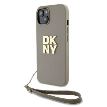 DKNY dėklas iPhone 15 Plus telefonui su riešo dirželiu, smėlio spalvos