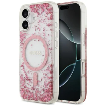 Guess Resin Bottom Glitter MagSafe dėklas iPhone 17 telefonui, rožinis