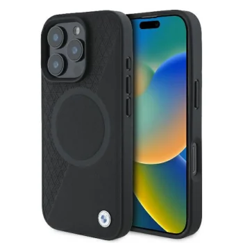 BMW iPhone 16 Pro dėklas Signature Leather Half Textured MagSafe, juodas