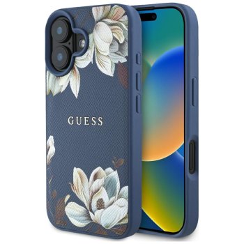 Guess Grained Printed Flower Pattern MagSafe dėklas telefonui iPhone 16, mėlynas