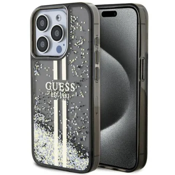 Guess iPhone 15 Pro Case Liquid Glitter Gold Stripes, Black