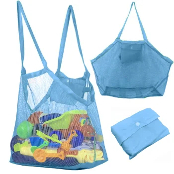 Large Mesh Beach Bag XXL Foldable Tote for Travel and Shopping, Blue
