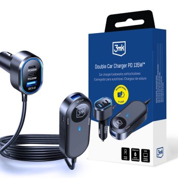 3mk dvigubas automobilinis įkroviklis 135W PD QC PPS (USB-C + USB-A), juodas