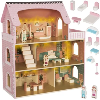 Kruzzel 00026364 Wooden Dollhouse with LED Lighting and Furniture, 3 Levels